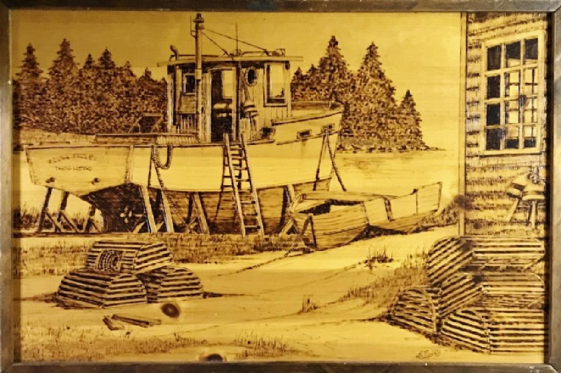 Vintage Burnt Wood Art, B. Malley: Vintage burned wood picture of a lobster boat dry docked with fishing gear. Signed lower right corner, "B. Malley". Measures: 25" H x 26" W.