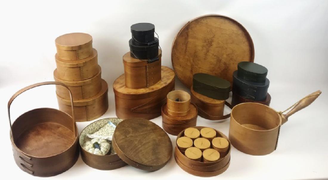 Shaker Boxes, Frye's Measure Mill, (20pc): Collection of twenty traditionally crafted reproductions of Shaker lapped bent wood boxes and implements including: (4) Graduated lidded pantry boxes, (6) Painted pantry boxes, two with bail handles, 