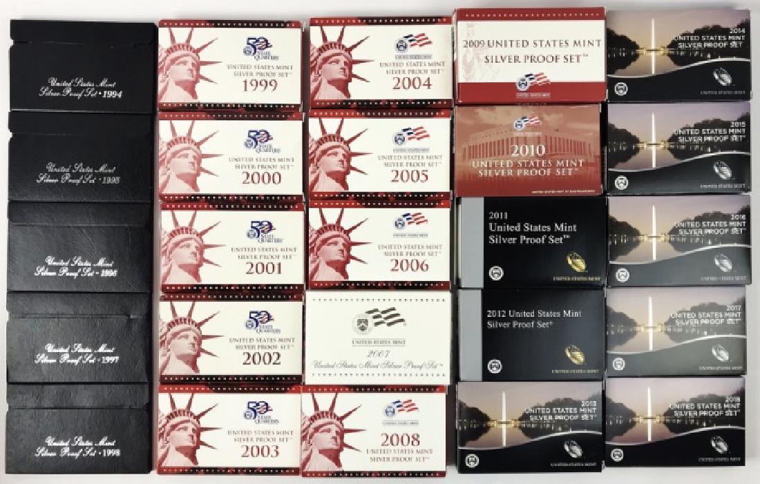 US Mint Silver Proof Sets, 1994-2018, (25pc): Collection of twenty-five US Mint silver proof sets 1994-2018 complete run. Sets are in original mint packaging