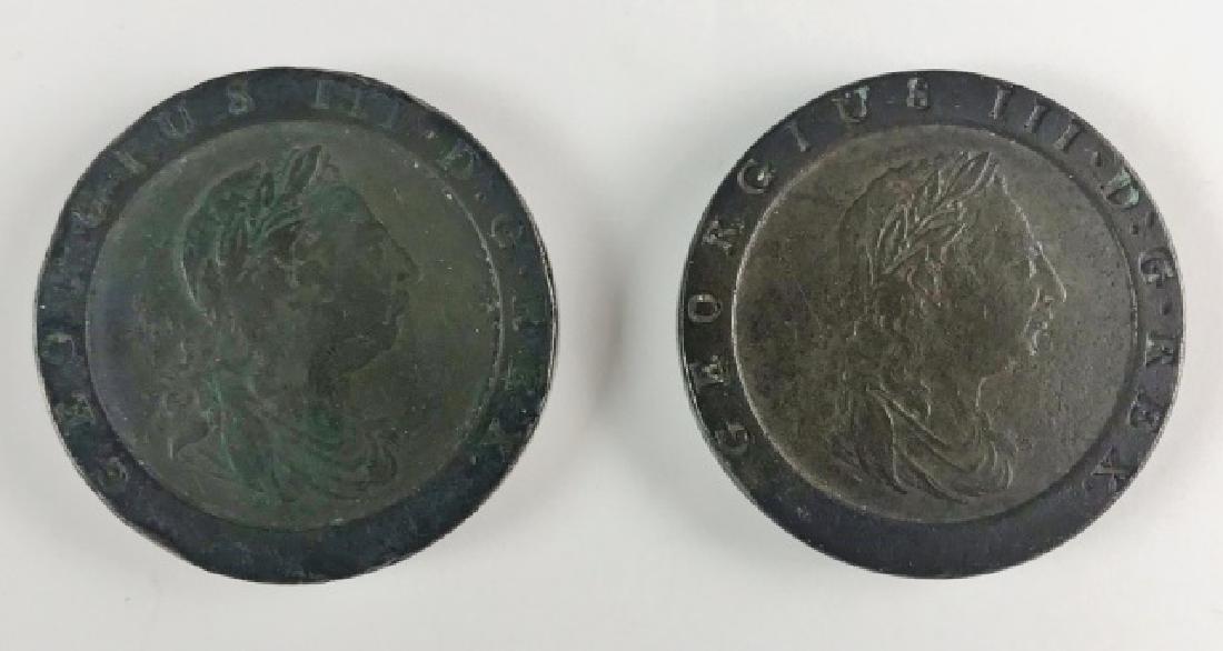Two British Cartwheel Copper Pennies, 1797, (2pc): Two large British 1797 "cartwheel" pennies. Both are in good circulated condition with details.
