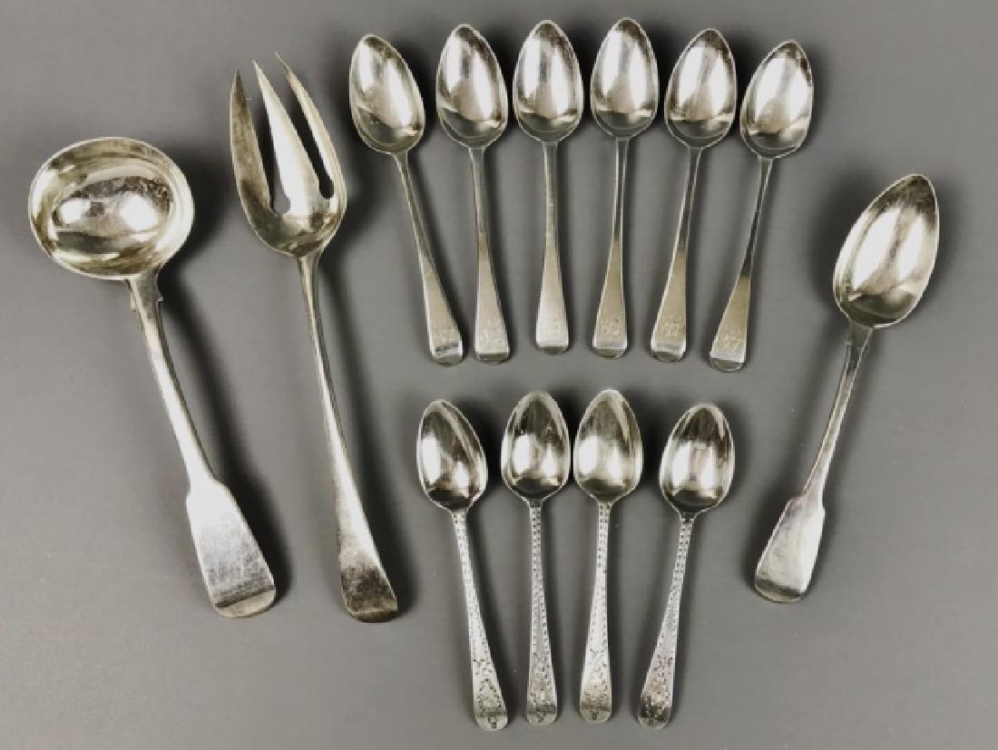 Collection, George III Sterling Silver, (13pc): Thirteen piece collection of English sterling silver flatware including: (4) Teaspoons with hand chased brilliant decoration, touchmark of George Baskerville, London, 1784 date letter, (6) Teaspoons w