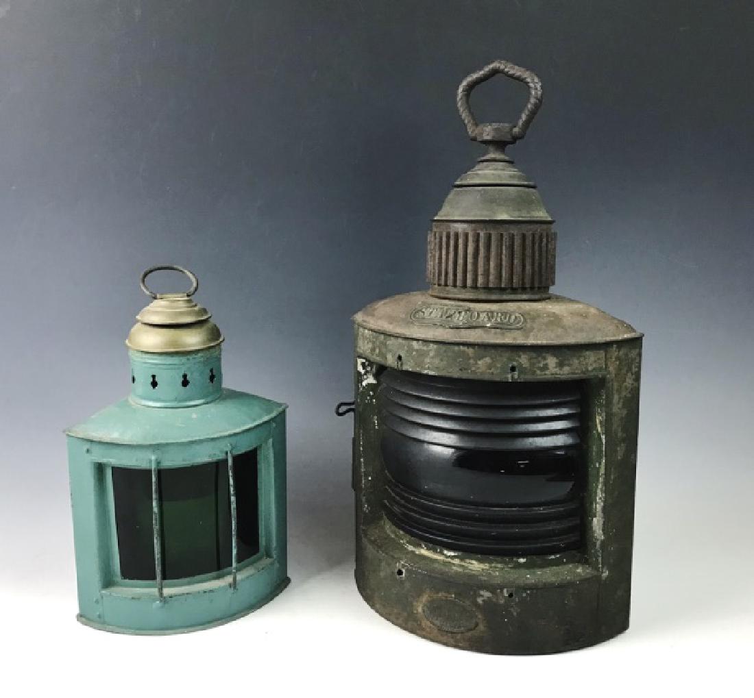 Antique Ship's Lanterns, Nathaniel Tufts, (2pc): Collection of two antique ship's lanterns: (1) 19th C. Lantern with plate, "STARBOARD" and maker tag, "NATHANIEL TUFTS MAKER BOSTON". Lantern with old green painted surfaces and Fresnel lens. (1) Earl