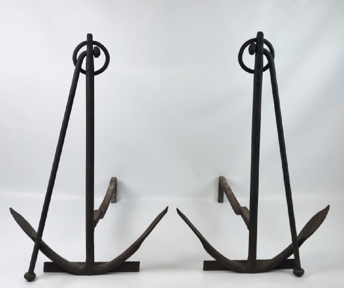 Anchor Andirons, Thompson's Clam Bar Restaurant: Pair of anchor andirons from famous Cape Cod restaurant Thompson's Clam Bar, at Wychmere Harbor. Andirons crafted from antique marine anchors, measure: 22.75" H x 14.5" W x 20" D
