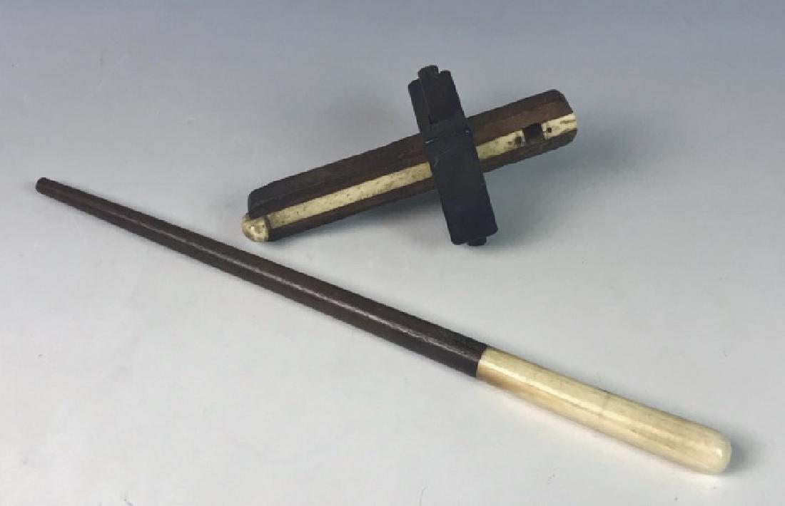 19th C. Sailor Made Pointer, Scribe, (2pc): 19th C. sailor made whale bone and tooth items: (1) Finely crafted chart pointer with whale tooth end on graduated mahogany wood shaft, measures: 12" L (1) Carpenters scribe hand crafted in wood and w