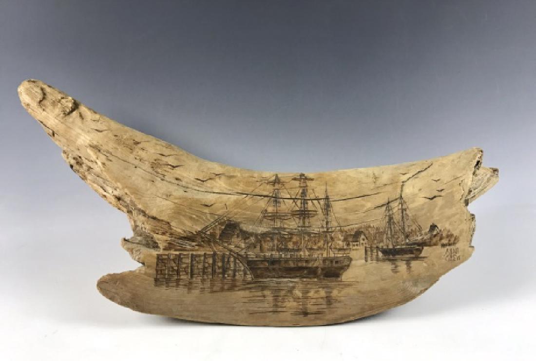 Burned Wood Folk Art, Anna Grew: Folk art burned wood scene, signed "Anna Grew". Interesting driftwood piece with burned and carved scene of three-masted sailing ships at a wharf. Measures: 7" H x 19" W
