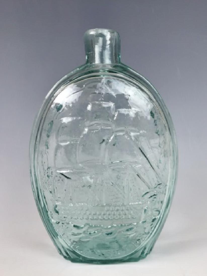 19th C. Historical Flask Blown, Eagle & Ship: 19th C. American blown in mold historical flask with open pontil scar and sheared lip. Obverse embossed with three masted ship and "FRANKLIN" beneath, reverse with federal style eagle and rays with "T