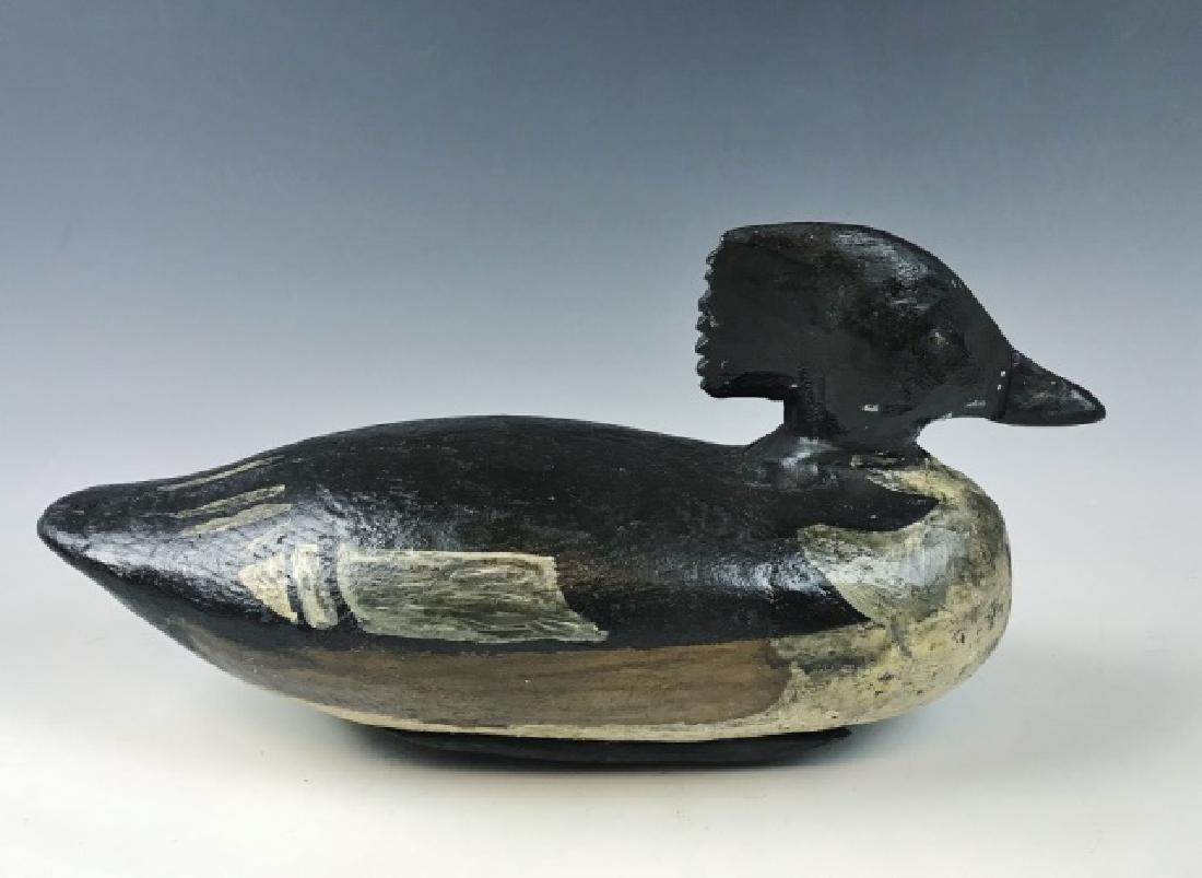 Early Cape Cod Merganser Duck Decoy: Early primitive hand carved Merganser drake duck decoy found in Truro Massachusetts. Decoy with tack eyes and early painted surfaces with old varnish, lead weight attached to base with "HC" carved. Me
