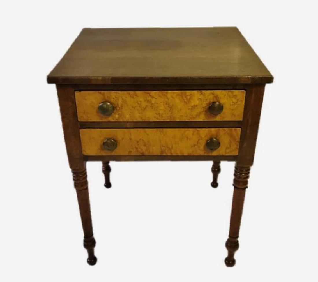 19th C. Two Drawer Sheraton Mahogany Work Stand: 19th C. Sheraton mahogany two drawer work stand. Ring turned legs, drawers with dovetailed construction and maple burl face, wood mushroom pulls. Stand measures: 27" H x 21.75" W x 19.5" D.