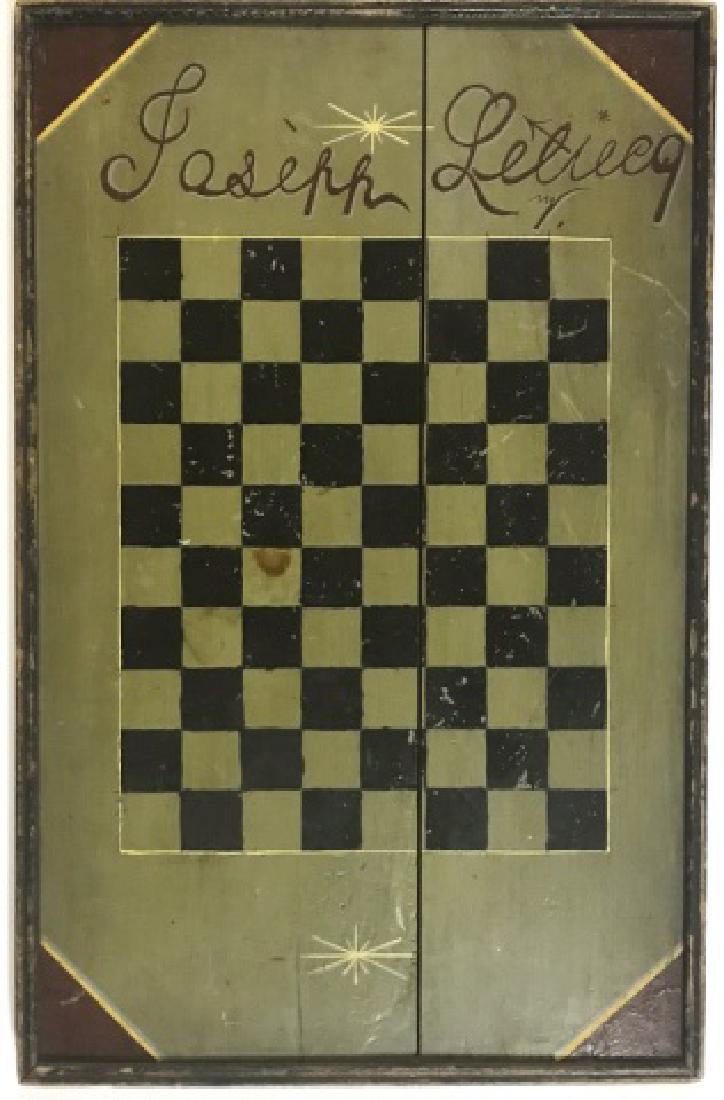 Antique Hand Painted Wooden Game Board: Primitive two sided game board with hand painted checkerboard in black, yellow and green, board signed "Joseph LeVecq", Reverse with carved game board, with hand pained initials, "D.D.R.". Board measu