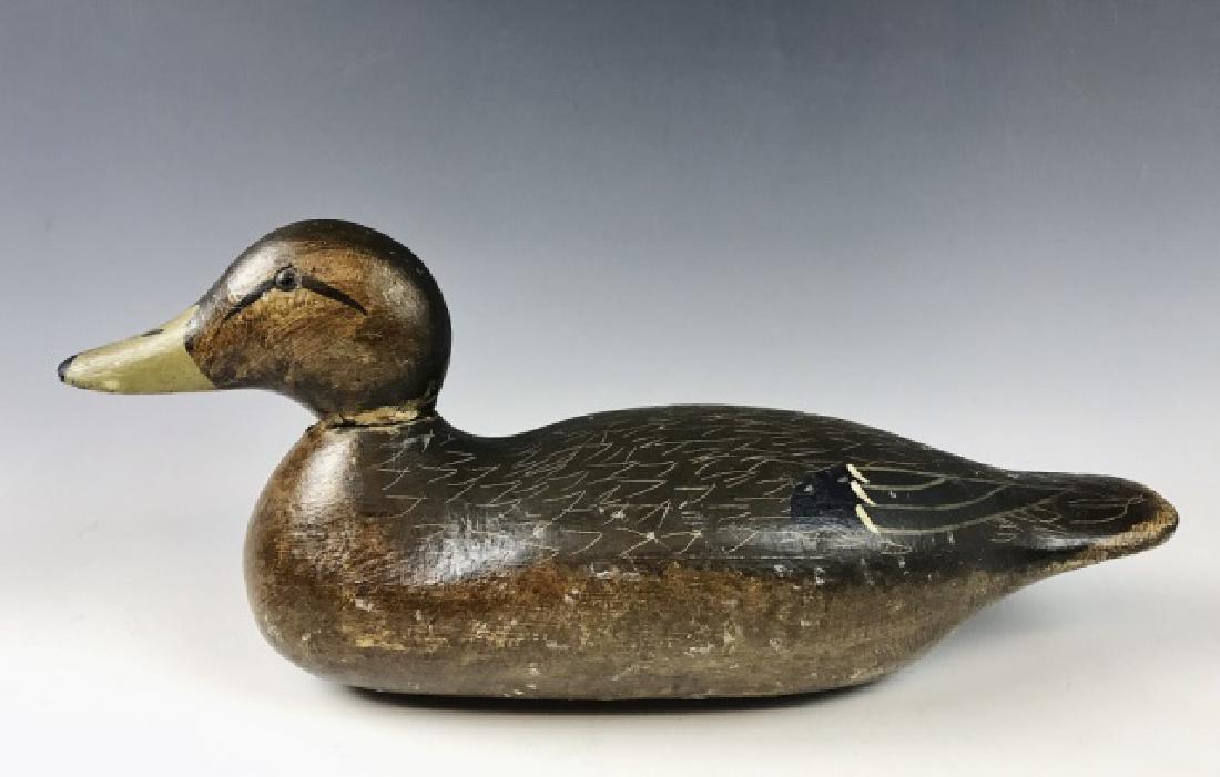 Hand Carved Mallard Duck Decoy, Mason: Antique Mason factory Mallard Hen duck decoy. Glass eyes, lead weight affixed to base, paint mixed factory and later repaint with varnish. Measures: 6.75" H x 16.25" L.