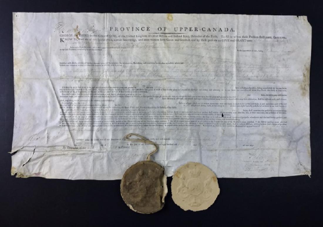 Revolutionary War Loyalist Deed in "Upper Canada": Large folio parchment Land Grant in "Upper Canada" (now Ontario) in February 1804 to John Benninger, a former Loyalist during the American Revolution. The grant of 200 acres of land to "John Benninger
