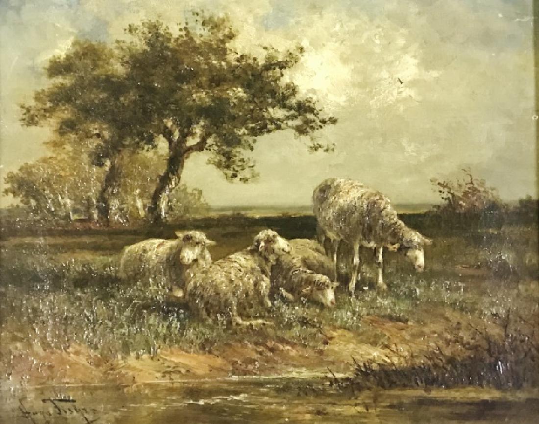 Painting Oil on Canvas, Hugo Fisher (1854-1916): 19th C. Oil on canvas pastoral scene of sheep in a landscape, signed lower right corner, "Hugo Fisher", (Hugo Anton Fisher, 1854-1916). Painting in period molded gilt wooden frame, measures: 14.75" H 