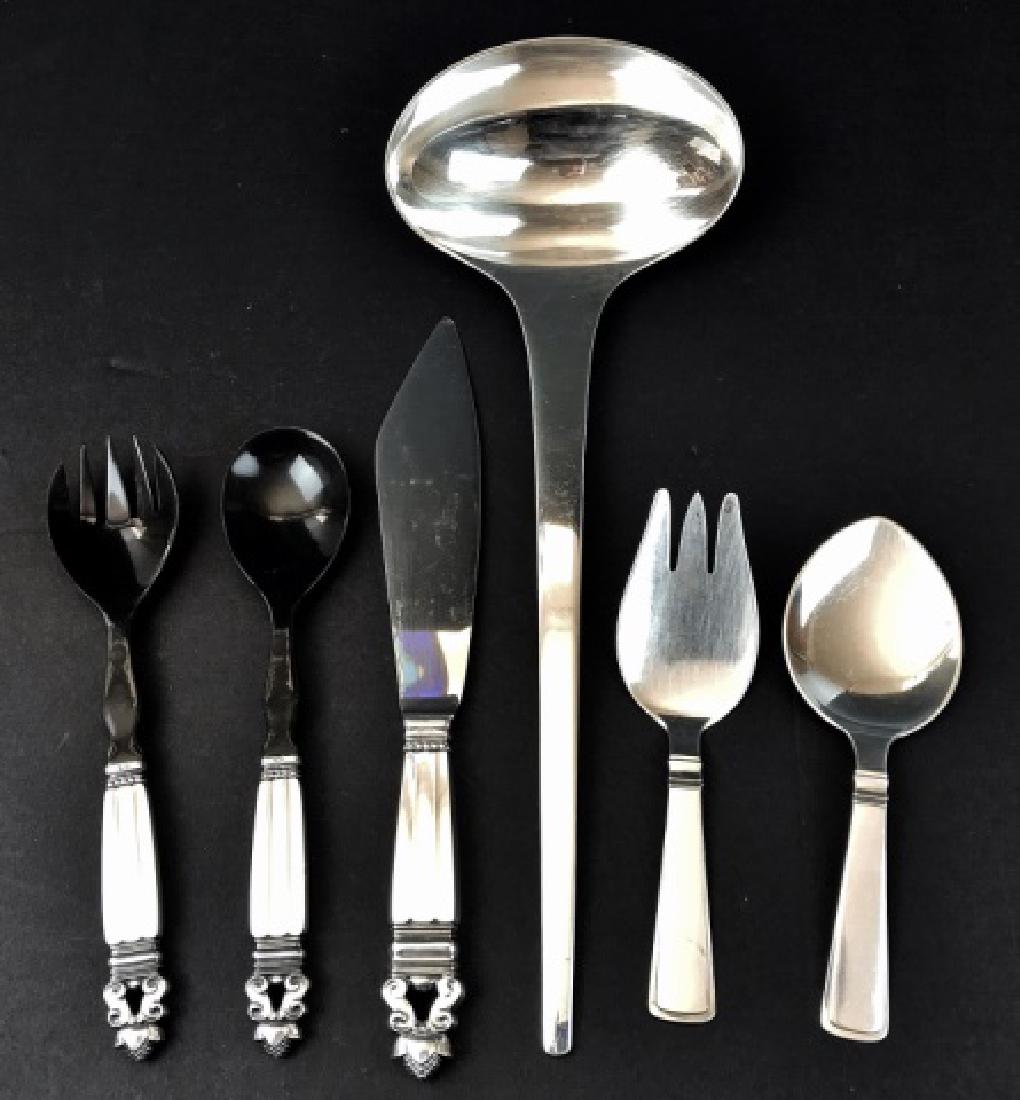 Danish Silver Flatware, Georg Jensen, (6pc): Collection of six Danish modern flatware pieces, including Georg Jensen: (3) Silver handled salad set with horn and steel bladed dessert knife, Georg Jensen Acorn Pattern, (1) Large Ladle, Georg Jense