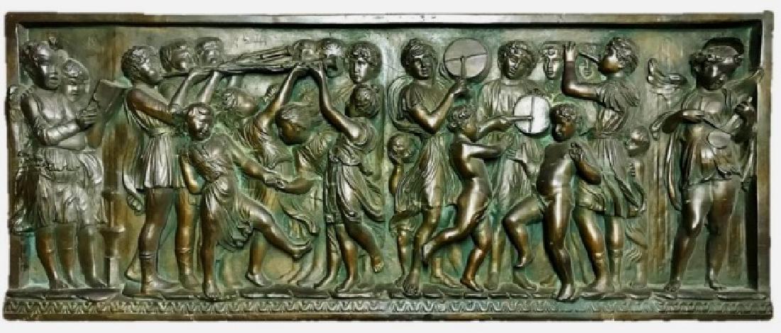 Antique Plaster Neoclassical Wall Hanging: Antique plaster panel in relief depicting Neoclassical procession of musicians. Surfaces in bronzed finish, excellent condition, measures: 21.5" H x 53" W x 4" D.