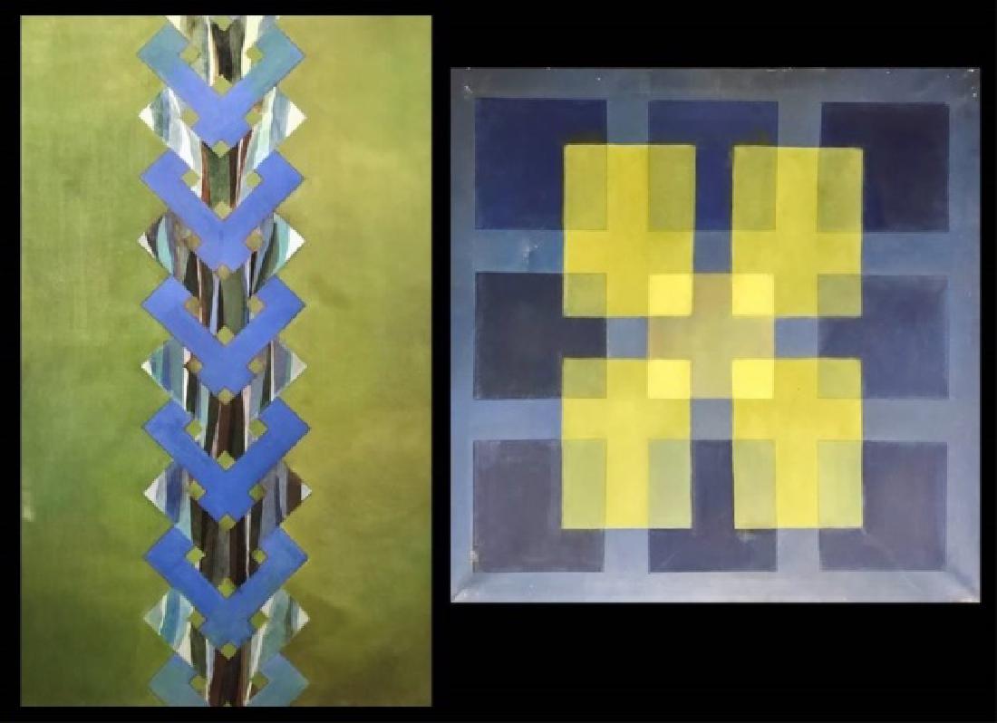 Paintings O/C, William Walton, (1909-1994) (2pc): Collection of two oil on canvas geometric abstract paintings, (William Walton, American, 1909-1994) Paintings, in a blue and green palette are unframed and measure: 42" H x 70" L and 50" x 50" respect