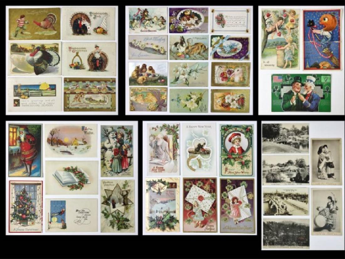 Collections, Early 20th C. Postcards (283pc): Group includes: (26) Japanese postcards, many landscape. All but two are real photographic post cards (RPPC)in both black and white and hand-tinted. (23) General greeting postcards including RPPC and 