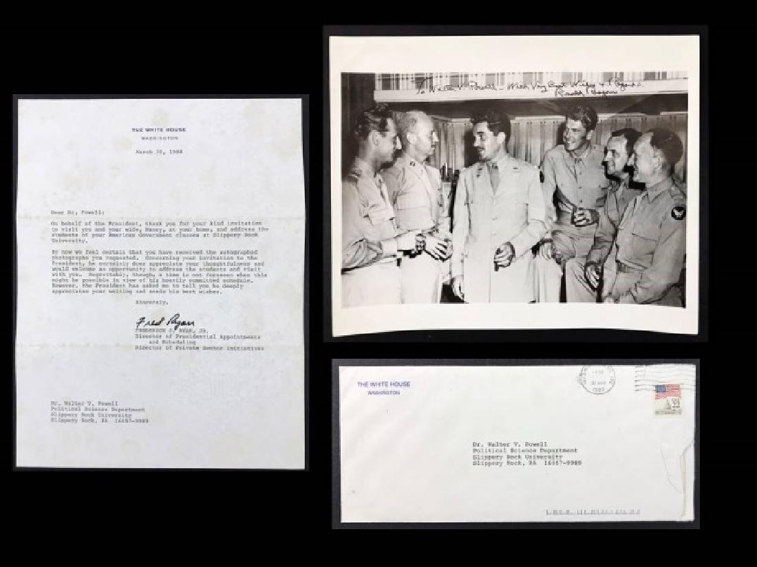 President Ronald Reagan Autographed Photo, Letter: Black and white photo of Ronald Reagan with a group of unidentified Army officers during WWII, inscribed "To Walter V. Powell--With Very Best Wishes & Regards, Ronald Reagan." On reverse of photo the 