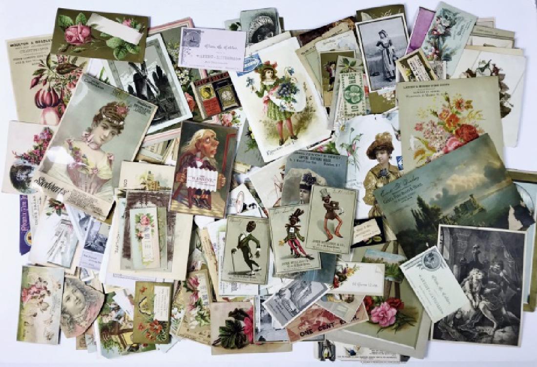19th - Early 20th C Trade Cards and more (590pc): The grouping includes: (290) Examples of late 19th and early 20th C. lithography in the form of Rewards of Merit, Calling Cards and other pieces of ephemera from the period. (300) Trade cards from adv