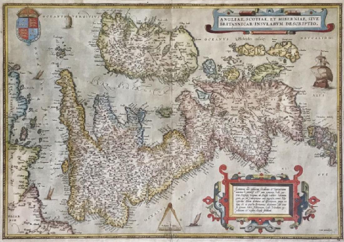 Antique Map of Britain, Abraham Ortelius, 1602: Rare map of Britain, Abraham Ortelius 1602. Copper plate impression with hand coloring, titled "ANGLIAE, SCOTIAE, ET HIBERNIAE SIVE BRITANNICAR INSULARUM DESCRIPTIO". Double folio detailed map with de