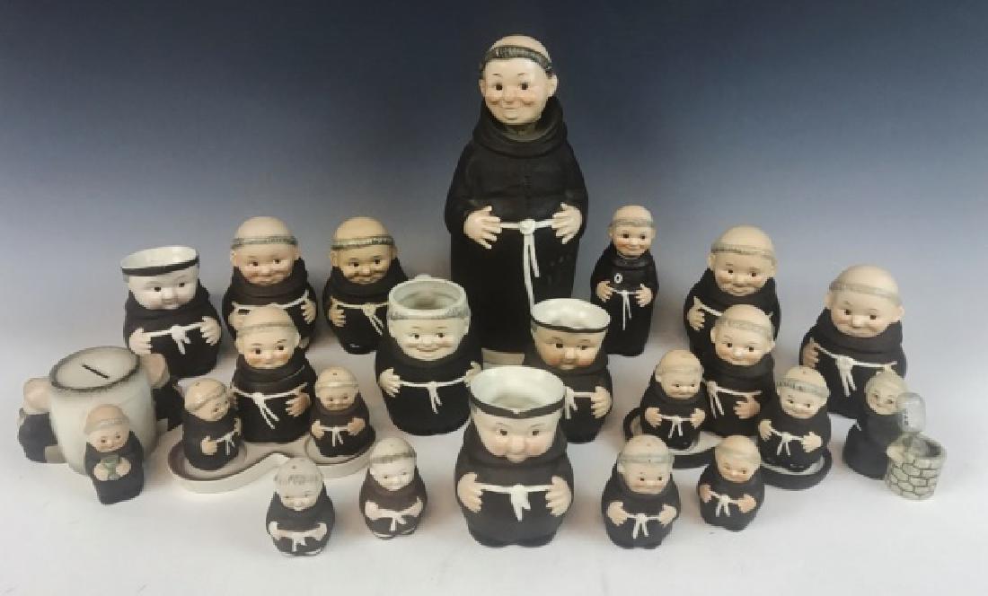 Goebel "Friar Tuck" Collection (19pc): Group includes: (1) Corked oil/vinegar bottle (1) Decanter with 3 ceramic shot glasses in base (1) Mug (3) Creamers (3) Sugars - one repaired (3) Banks (2) four piece salt, pepper, condiment sets (4) 