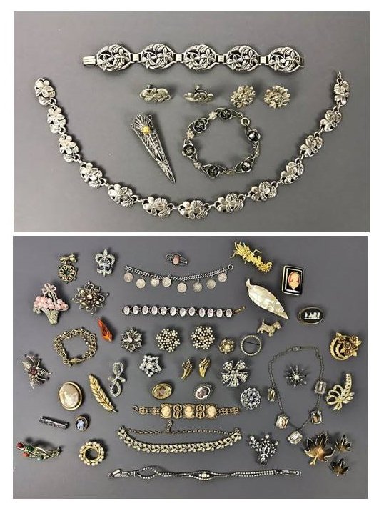 Collection of Costume & Sterling Jewelry (137pc): Costume Jewelry Collection dating from late 19th - mid 20th C includes: Sterling Silver (1) Pair earrings (1) Bracelet, link (1) Filigree hair clip with pearl inset (1) Four piece set in floral motif 