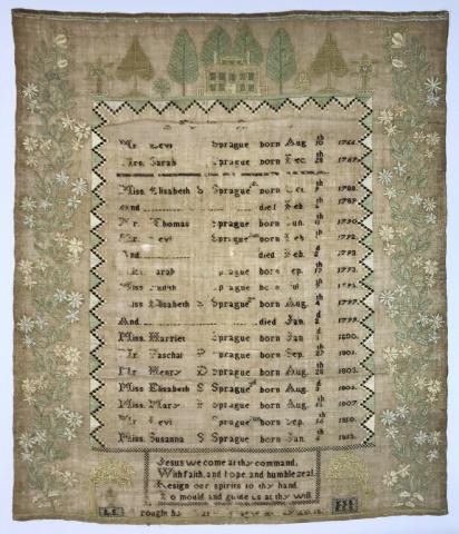 1820 Dated New England Sampler, Sprague Family: 1820 dated hand made sampler with family genealogy of the Sprague family, Billerica Massachusetts. Sampler lists births and deaths of family, with Federal style home at the top and floral border with 