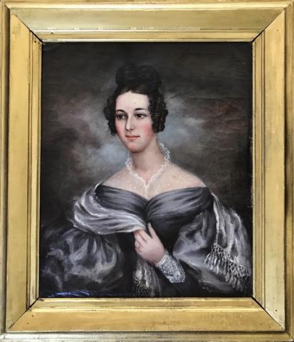19th C. New England Portrait, Lyman Allyn Museum: Circa 1820 New England folk portrait. Skillfully rendered oil painting of a young woman in period fashion. Painting on hand woven canvas, original stretcher, set in period gilt wood frame. Surface wit