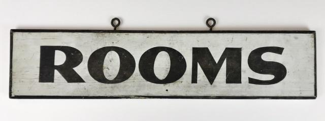 Antique Hand Painted Wooden Sign, "ROOMS": Antique primitive one sided hand painted wood sign, reads "ROOMS" in black and white paint. Sign measures: 5" H x 22" L.
