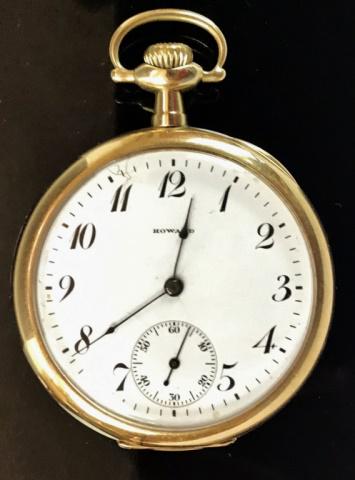 14K Gold Case Pocket Watch, Howard & Co: 14K Gold case pocket watch, 21 jewels, works signed "E. HOWARD WATCH CO BOSTON USA". Open face stem wind watch, porcelain face with Arabic numeral radial dial with inset seconds dial, face signed, "HO