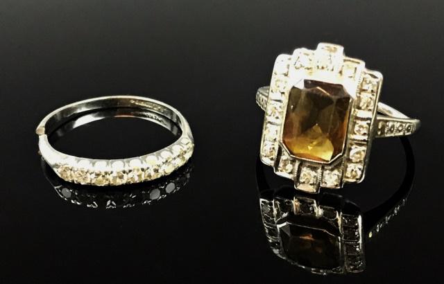 14K Gold, Diamonds Ladies' Rings, (2pc): Two vintage ladies' 14K rings: (1) 14K white gold ring set with rectangular cut topaz, surrounded by sixteen good quality round cut diamonds, ring size 6, total assembled weight: 2.0 Dwt, 3.2g, (1) 14
