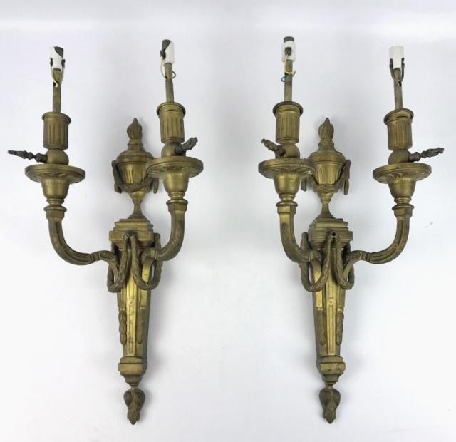 Pair, Antique French Bronze Wall Sconces, (2pc): Antique French gilt bronze wall sconces. Neo-classical style with two lighting arms. Sconces electrified, measure: 15" H x 8" W