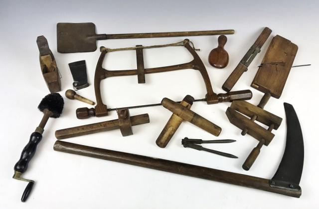 Collection of Antique Wooden Tools (14pc): Collection of fourteen antique tools, including: (1) cooper's saw, (1) hand scythe, (1) marking gauge, (1) primitive shovel and various small hand tools.