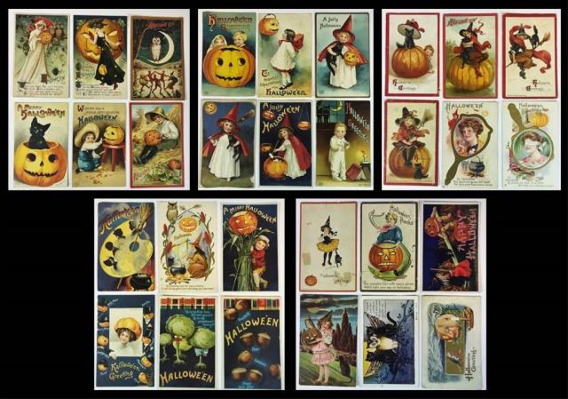 Early 20th C. Halloween Postcards, (30pc): Collection of thirty antique Halloween postcards. High quality artwork depicting witches, pumpkins, bats, cats and children. Many are posted with stamps and cancellations. Overall excellent used condi