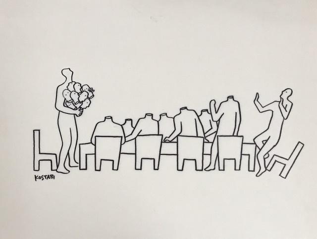 Abstract Ink on Paper, Mark Kostabi, (b-1960): Modernist abstract ink on paper, signed lower left, "KOSTABI", (Mark Kostabi, American B. 1960). Unframed image measures: 18" H x 24" W