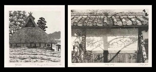 Japanese Etchings, Takuji Kubo (2pc): Pair of etchings: (1) Woodblock print, signed Takuji Kubo, "Early Spring" A nice interplay of form and shadow, the print of a woman moving just beyond the field of vision measures: 17.5" H x 20" W; im