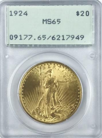 1924 Saint Gaudens $20 Gold Coin PCGS MS65: 1924 P US Saint Gaudens twenty dollar gold coin, graded by PCGS MS65 in early holder.