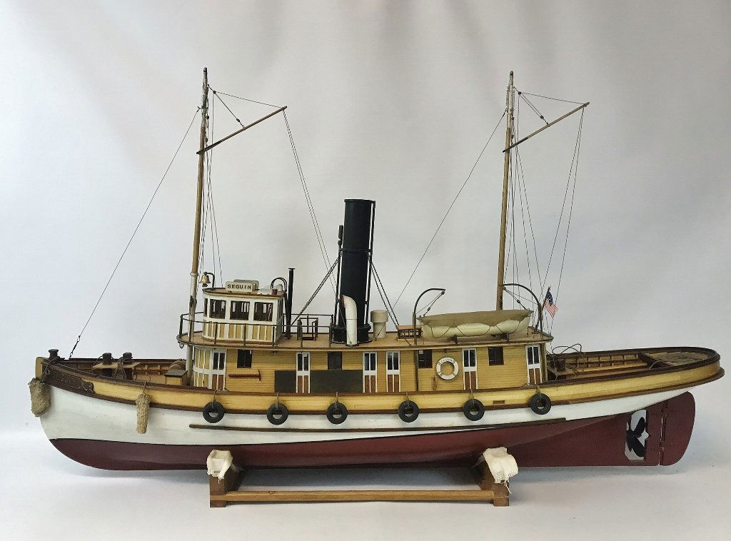 Hand Made Motorized Ship Model, Robert Eldridge: Scratch built wooden ship model of tugboat, "SEGUIN", built by award winning master model builder Robert Eldridge. High detailed and accurate model crafted from original marine blueprints, with electr