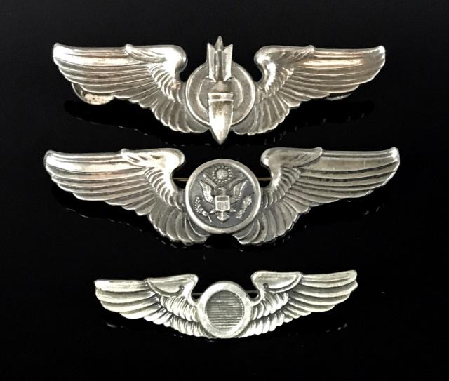 WW2 USAAF Sterling Silver Flight Wings, (3pc): Collection of three World War Two US Army Air Forces sterling silver flight wings: (1) USAAF air crew wings, full size 3", reverse marked "STERLING", (1) USAAF bombardier wings, full size 3"reverse ma