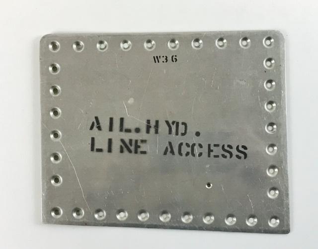 Korean War US F86 Fuselage Access Panels (8pc): Korean War US F-86 fuselage access panels (8pc). This lot includes: (2) "Drop Tank Fuel & Pressure Drains" (2) "Drop Tank Connect" (1) Aileron Hydraulic Line Access" with Reynolds Aluminum stamped on 