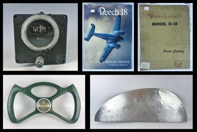 Korean War era US Beech 18 Parts Instrument (5pc): Group includes (1) Beech 18 Control Yoke; (1) Beech 18 wing tip. The tip measures 39" x 13 3/4"; (1) Directional Gyro with Beechcraft Data label: PT No. 35-380039-1, Spec. No. BMD-1001B, Mfr No. B-340