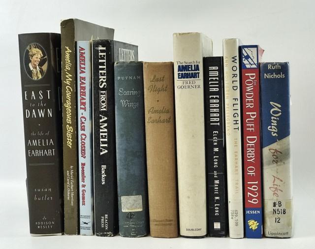 US Aviation History Amelia Earhart Books (12pc): This group includes: (1) "Last Flight" by Amelia Earhart--Arranged by George Palmer Putnam (New York: Harcourt, Brace and Company, 1937), hardcover, 226pp. First edition. Spine lightly sunned and mino