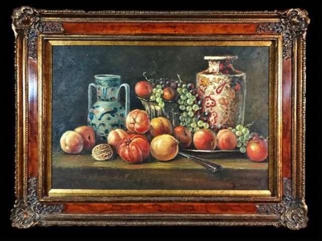 Painting, Oil on Canvas, Still Life, Henderson: Large oil on canvas painting of still life scene, signed lower left, "Henderson". Painting set in quality moulded wood and gilt frame, measures: 34" H x 47" W.