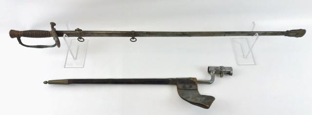 Civil War Era Sword and Bayonet, (2pc): (1) US Model 1860 officers sword, signed "L. Lombardie & Co New York". Straight steel blade with cast brass hilt witheagle adorned clamshell guard, steel scabbard. Measures: 37" L., (1) Civil war bayo