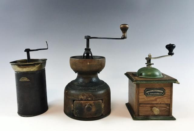 Collection, 19th C. Coffee Grinders, (3pc): Collection of three antique coffee grinders: (1) Swedish hand crank coffee mill, signed "ESKILTUNA STALINDUSTRI ESKILTUNA", (1) Primitive treen hand crank coffee mill, (1) Swedish copper and iron hand