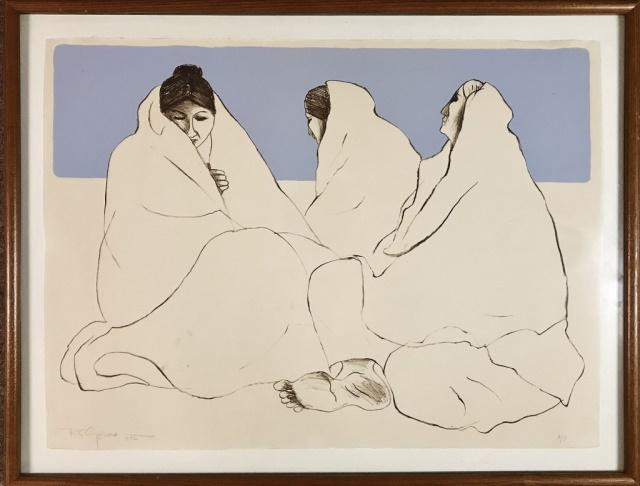 Artist Proof Pint, (R. C. Gorman, 1932-2005): Artist Proof print on paper, signed in pencil lower left, "R. C. Gorman 1972", (R. C. Gorman, American, 1932-2005). Print depicts three seated figures with blue background with "AP" written in pencil 