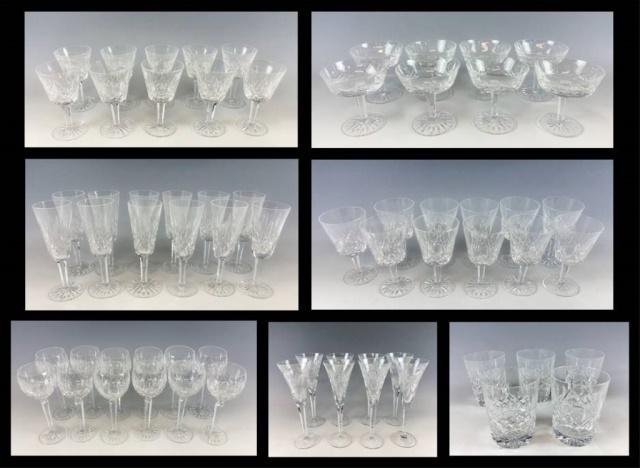 Collection, Irish Crystal Stems, Waterford, (69pc): Collection of sixty-nine Waterford crystal glasses: (12) Champagne flutes, (8) Large Champagne Flutes, (12) Water glasses, (12) Red wine stems, (5) Rocks glasses, (8) Dessert stems, (10) White wine st