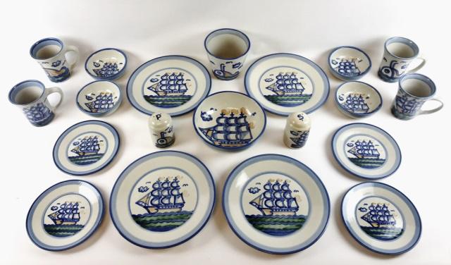 Collection, American Pottery, M.A. Hadley, (20pc): Collection of twenty hand made and decorated American Pottery, signed "M.A. HADLEY". Pieces decorated with whale and nautical themes: (4) Dinner plates, (4) Luncheon plates, (4) Small bowls, (1) Servi