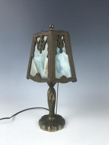 Antique Slag Glass Table Lamp, Pairpoint: Diminutive antique cast iron slag glass table lamp, base signed "PAIRPOINT". Lamp is working, measures: 15" H.