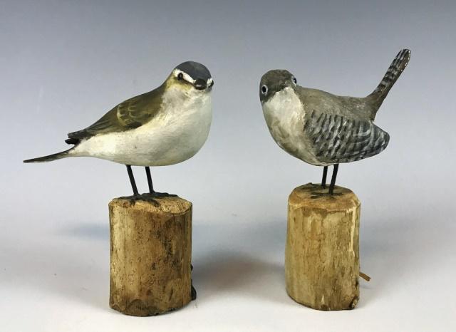 Hand Carved, Painted Birds, Peter Peltz, (2pc): Two hand carved and painted wooden bird miniatures, base signed "PETER PELTZ": (1) Hand carved and painted bird identified as "House Wren", measures: 4.25" H, (1) Hand carved and painted bird identifi