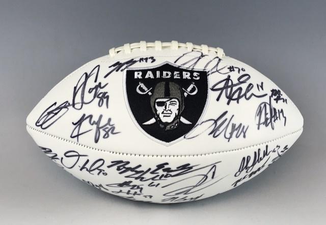 2016 Oakland Raiders Team Autograph Football: Oakland Raiders 2016 season team autographed football. White panel football with Raiders embroidered logo with autographs in black ink, including: Amari Cooper, Derek Carr, Khalli Mack, Michael Crabtr